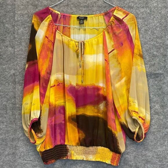 ALFANI Blouse Women's Size 14 Multicolor Chiffon Tie-Dye 3/4 Sleeve Semi Sheer - Picture 1 of 12